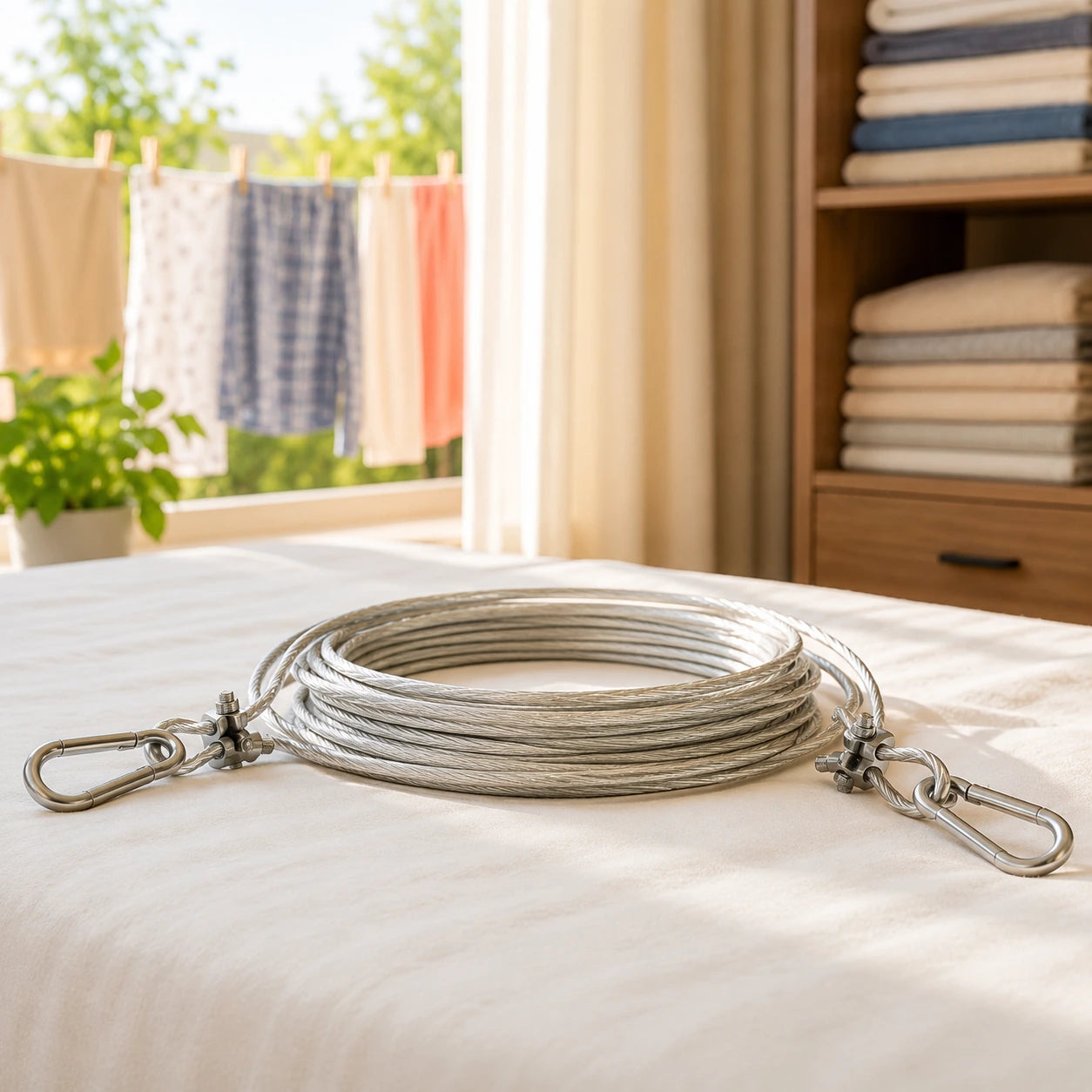 Heavy Duty PVC Coated Stainless Steel Clothesline Wire with Strong Metal Hooks – Rustproof & Waterproof