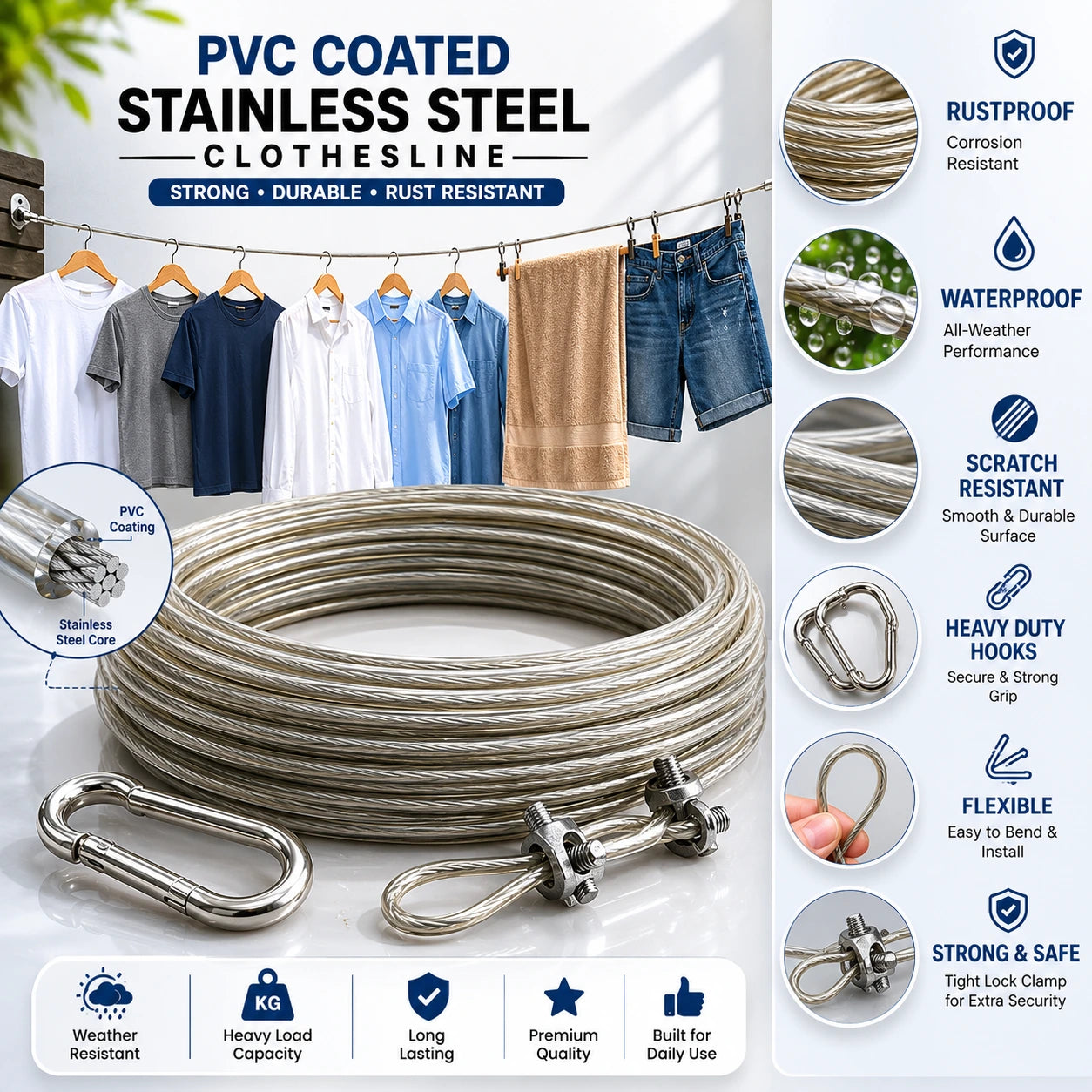 Heavy Duty PVC Coated Stainless Steel Clothesline Wire with Strong Metal Hooks – Rustproof & Waterproof